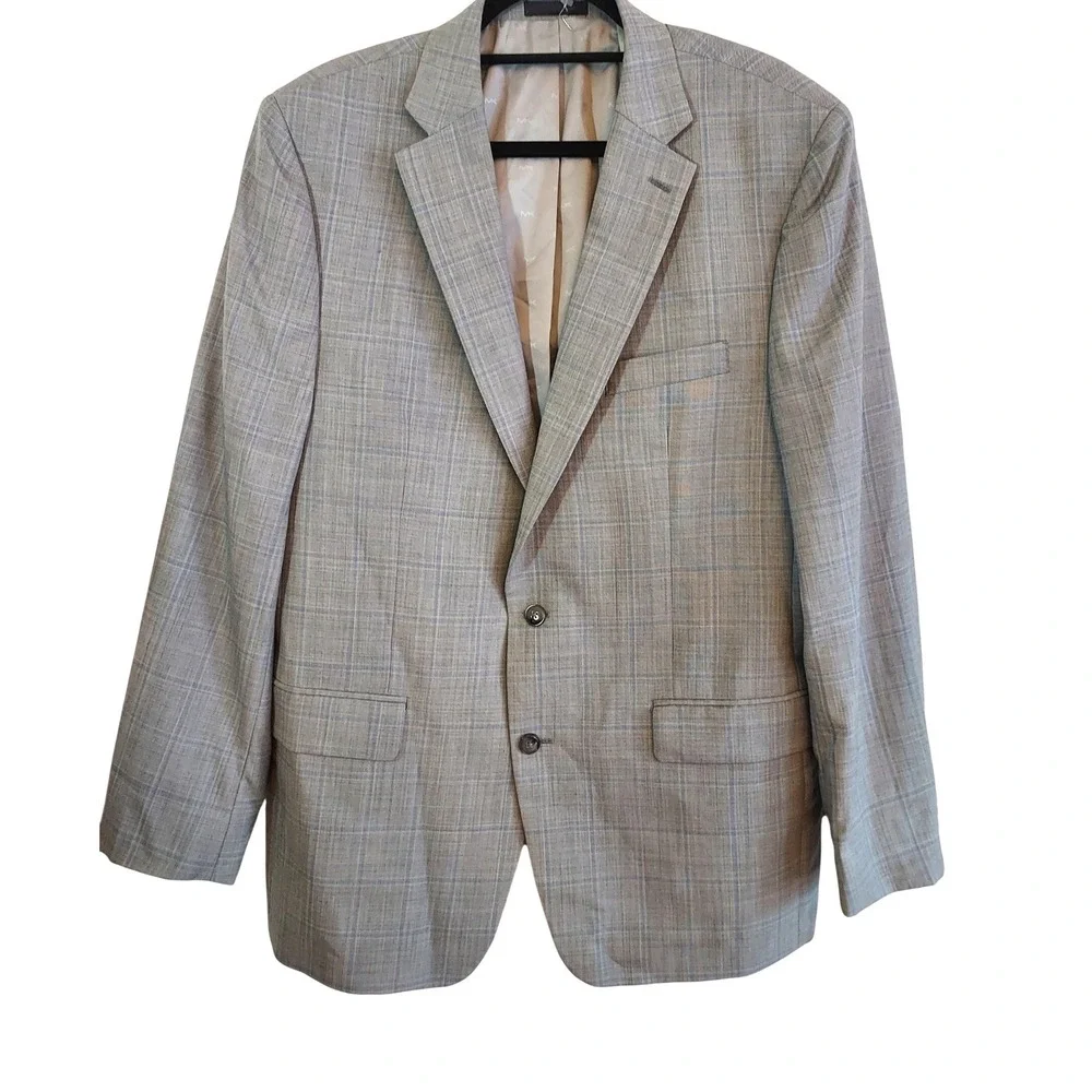 Michael Kors Mens Wool Blend Plaid Suit Jacket Blazer 44L Gray Natural Stretch